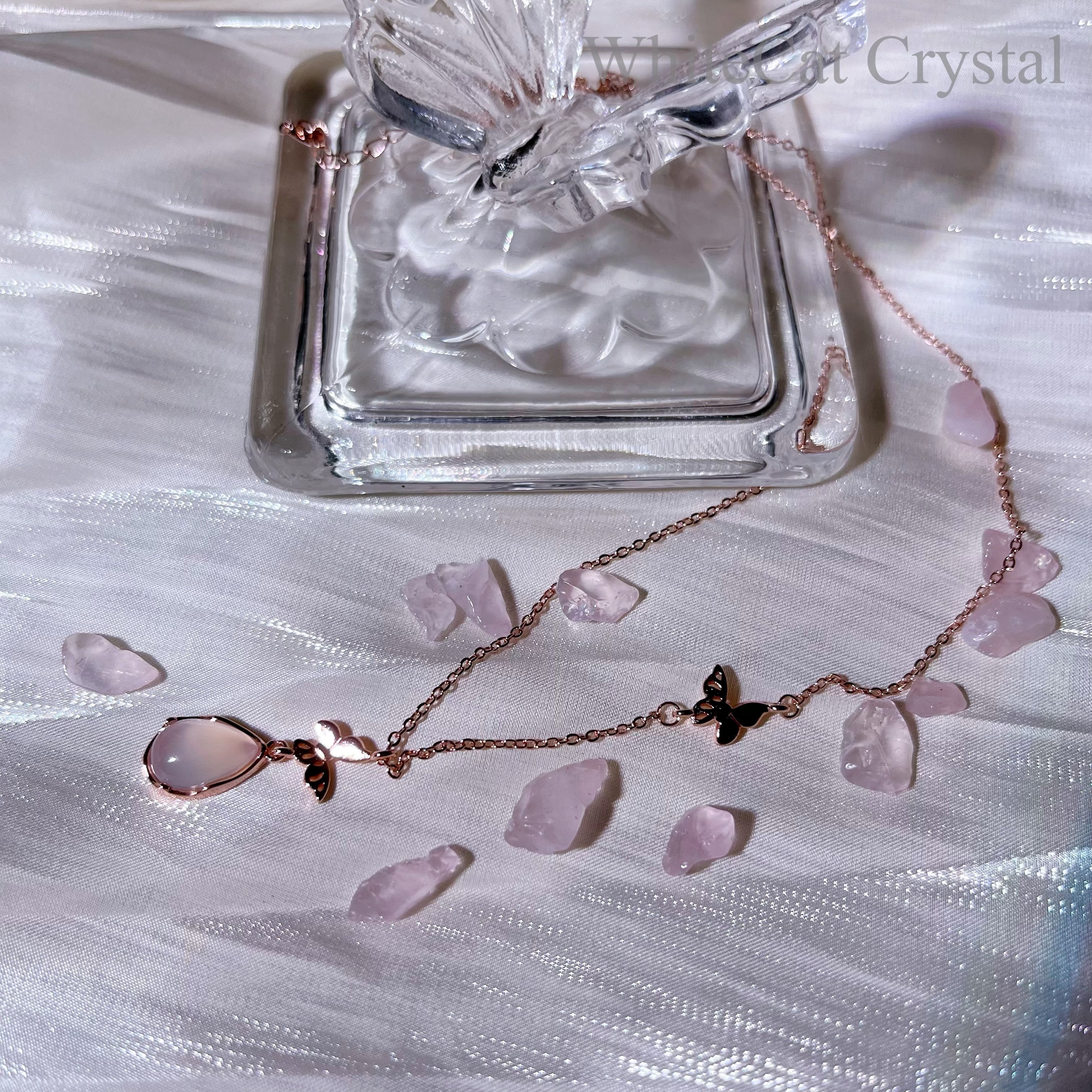 Silver Cherry Blossom Pink Crystal Butterfly Necklace